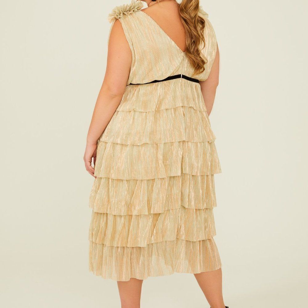 Arula Gold Party Cocktail Shimmer Sleeveless Plus Size Curvy Ruffle Dress 2X NWT - Picture 13 of 13